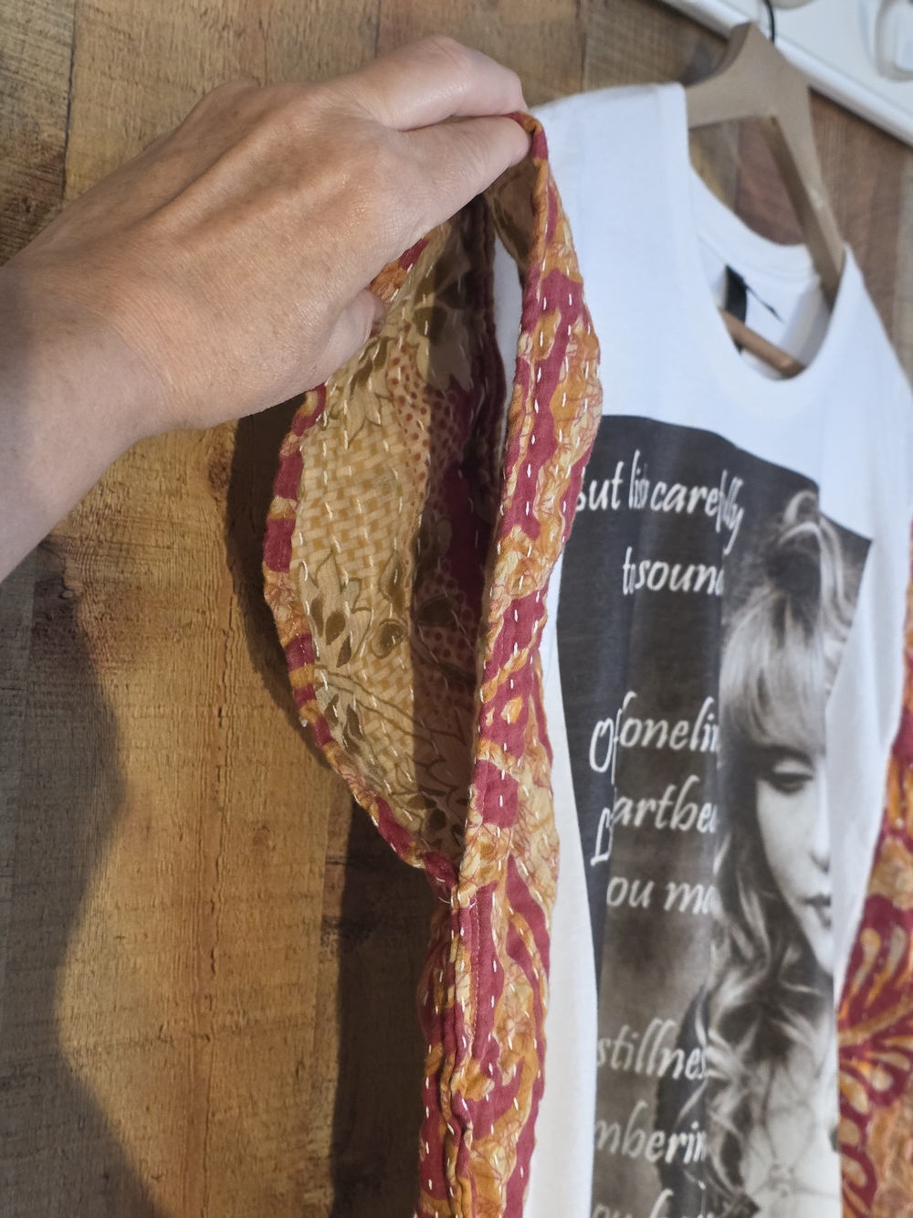 Upcycled Stevie Nicks Tee with Burgundy & Gold Kimono Sleeves - Picture 4 of 6